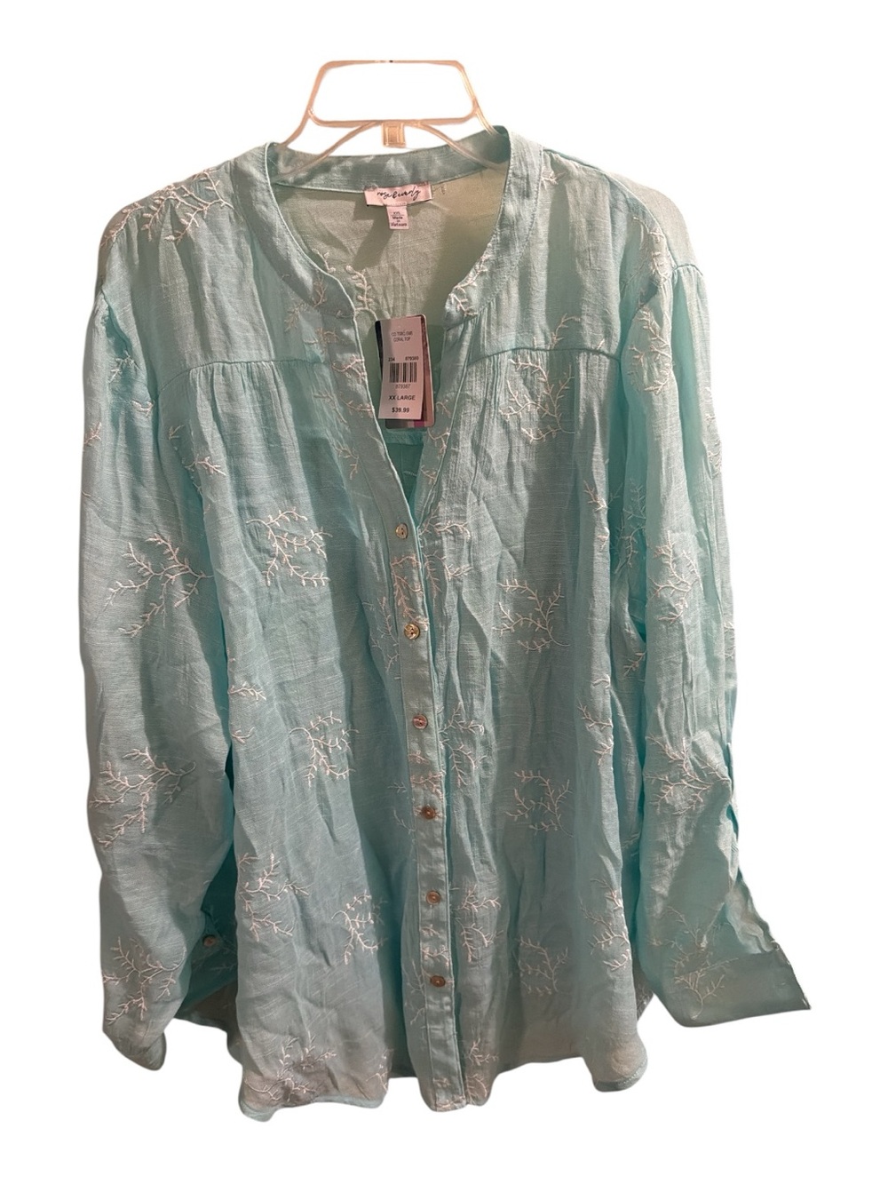 (NEW) Light Teal Embroidered Button-Up Shirt - unbranded